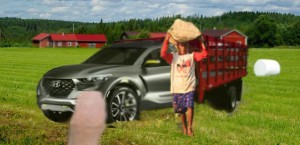 A farmer wearing a Martin and Lewis shirt attempts to keep his burlap hat from blowing away. The Hyundai is behind him.