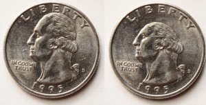 A normal quarter (L) is shown alongside the fake coin with the flattened Washington head