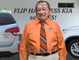 Flip Harkness, owner of Flip Harkness Kia sobs after a group of suspects tattooed his dealership's insipid slogan on his forehead