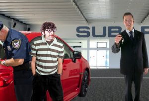 New WRX owner Gulliver Wiskover (center) poses with Dex Mueller Subaru salesman Jose Sleetz (R) as police officer Wallace Rashwaller completes Wiskover's citations