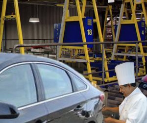 Master cake decorator Vigo Bagdilucci adds a freehand frosting emblem as a new Sonata travels along the assembly line