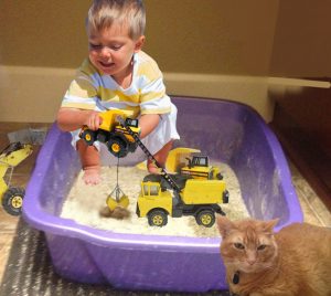 Three-year-old Brembo Drexler plays with his Tonka trucks while Weefles the cat waits to use the litter box